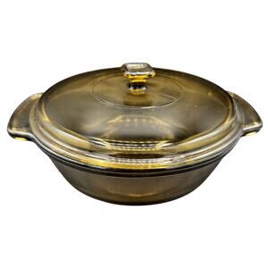 VTG Anchor Hocking 2 Quart Amber Casserole Dish 9" Round lid USA ovenware